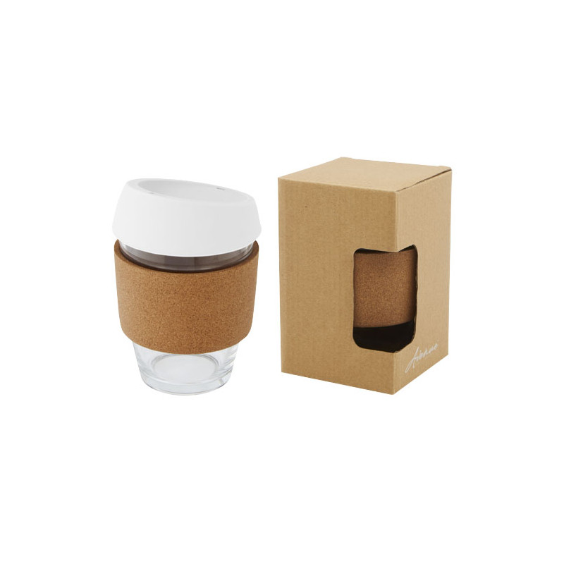 Vaso de vidrio borosilicato de 360 ml con agarre de corcho y tapa de silicona Lidan