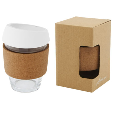 Vaso de vidrio borosilicato de 360 ml con agarre de corcho y tapa de silicona Lidan