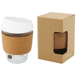 Vaso de vidrio borosilicato de 360 ml con agarre de corcho y tapa de silicona Lidan