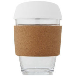 Vaso de vidrio borosilicato de 360 ml con agarre de corcho y tapa de silicona Lidan