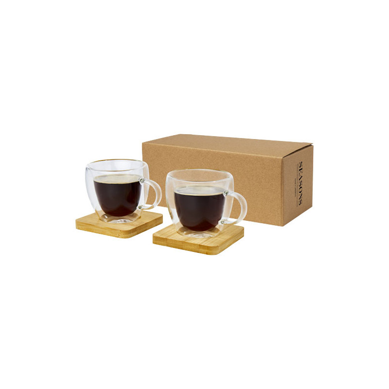 Dos tazas de vidrio de doble pared de 100 ml con posavasos de bambu Manti