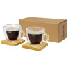 Dos tazas de vidrio de doble pared de 100 ml con posavasos de bambu Manti