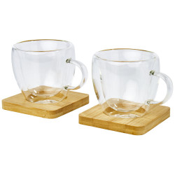 Dos tazas de vidrio de doble pared de 100 ml con posavasos de bambu Manti