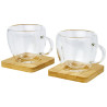 Dos tazas de vidrio de doble pared de 100 ml con posavasos de bambu Manti