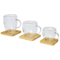 Dos tazas de vidrio de doble pared de 100 ml con posavasos de bambu Manti