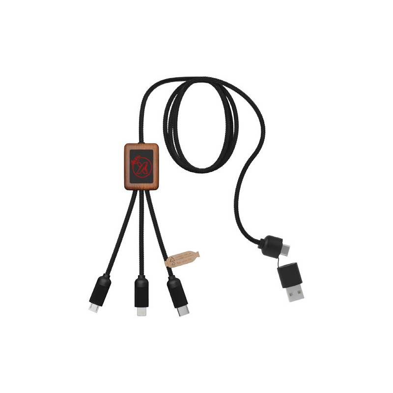 Cable de carga 5 en 1 de PET reciclado con logo retroiluminado y estuche cuadrado de madera SCXdesign C38