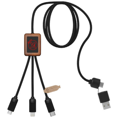 Cable de carga 5 en 1 de PET reciclado con logo retroiluminado y estuche cuadrado de madera SCXdesign C38