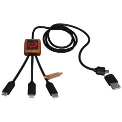 Cable de carga 5 en 1 de PET reciclado con logo retroiluminado y estuche cuadrado de madera SCXdesign C38