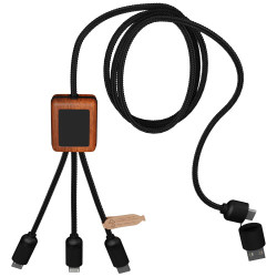 Cable de carga 5 en 1 de PET reciclado con logo retroiluminado y estuche cuadrado de madera SCXdesign C38