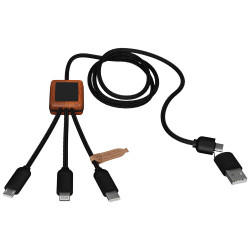 Cable de carga 5 en 1 de PET reciclado con logo retroiluminado y estuche cuadrado de madera SCXdesign C38