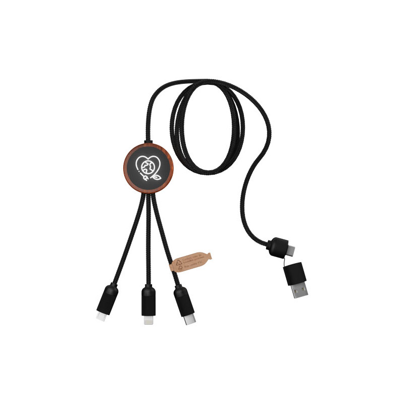 Cable de carga 5 en 1 de PET reciclado con logo retroiluminado y estuche redondo de madera SCXdesign C37