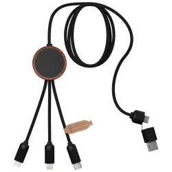 Cable de carga 5 en 1 de PET reciclado con logo retroiluminado y estuche redondo de madera SCXdesign C37