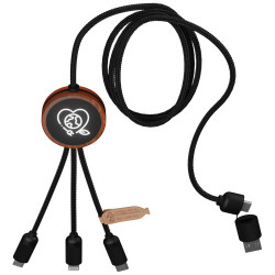 Cable de carga 5 en 1 de PET reciclado con logo retroiluminado y estuche redondo de madera SCXdesign C37