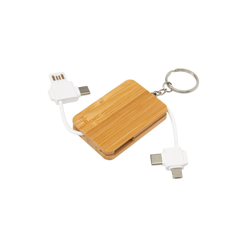 Llavero de bambu con cable de carga retractil 6 en 1 Reel