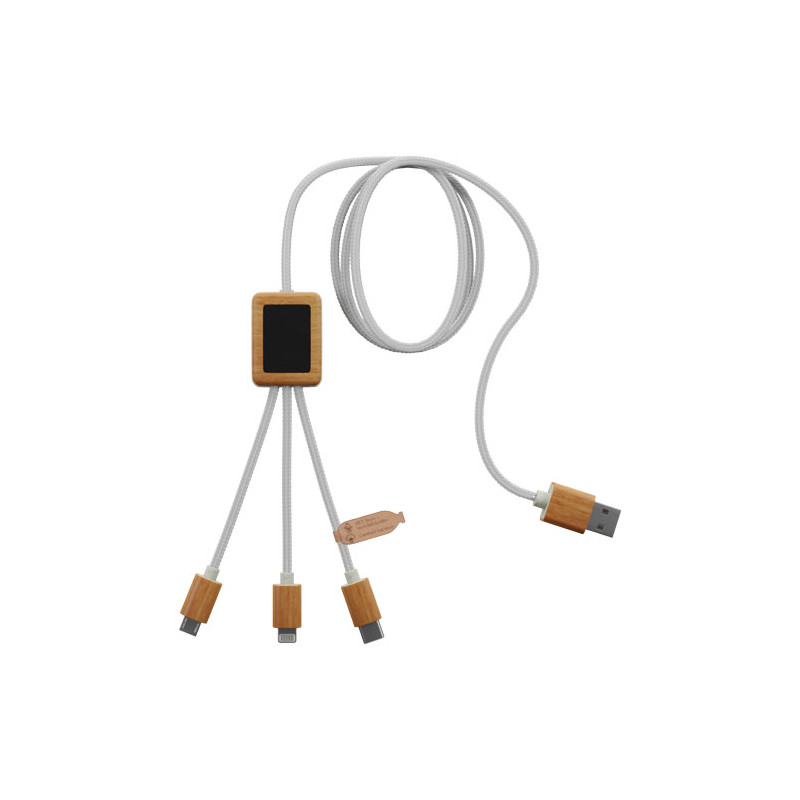 Cable de carga 3 en 1 de PET reciclado con logotipo retroiluminado y estuche cuadrado de bambu SCXdesign C39