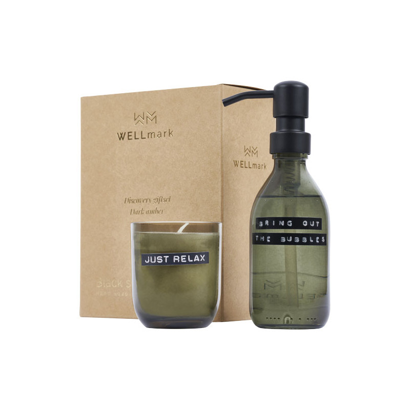 Dispensador de jabon de manos de 200 ml y juego de velas aromaticas de 150 g con fragancia de ambar oscuro Wellmark Discovery